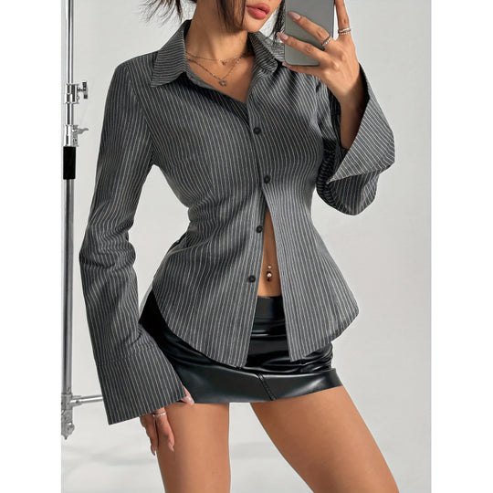 Damen Elegante Hemdbluse mit gestreiftem Design und weit ausgestellten Ärmeln R&B