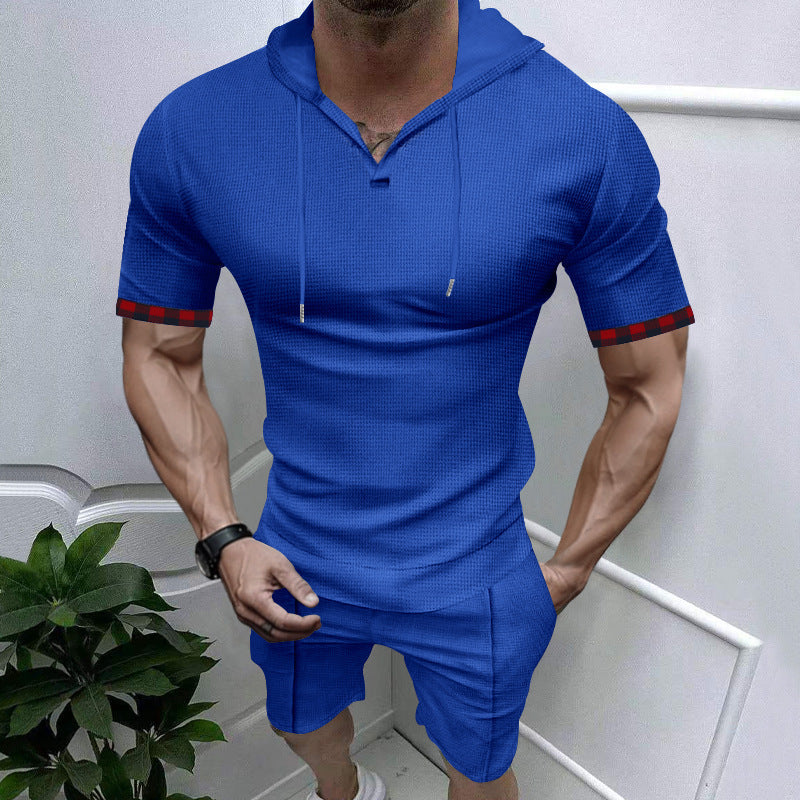 Herren nan sommerliches Kapuzen-Lounge-Set in leichter Waffelstruktur mit Kurzarm-Hoodie Henley-Öffnung und Komfort-Shorts R&B