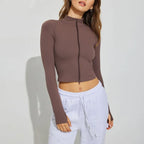 Damen Cropped Zip-Langarmshirt mit hohem Kragen R&B