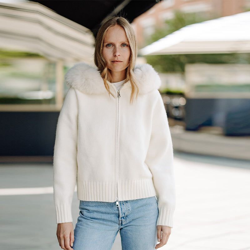 Damen Kuschelige Strickjacke mit Fellkragen R&B