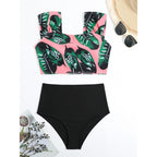 Damen Hochgeschnittener Bikini mit modischem Streifenmuster und floralem Unterteil R&B