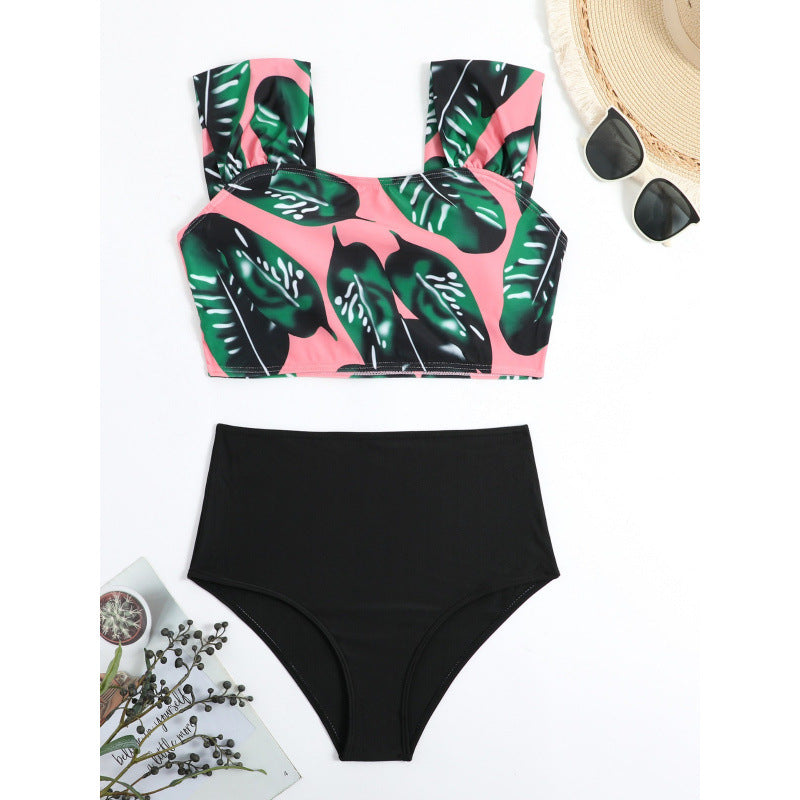 Damen Hochgeschnittener Bikini mit modischem Streifenmuster und floralem Unterteil R&B