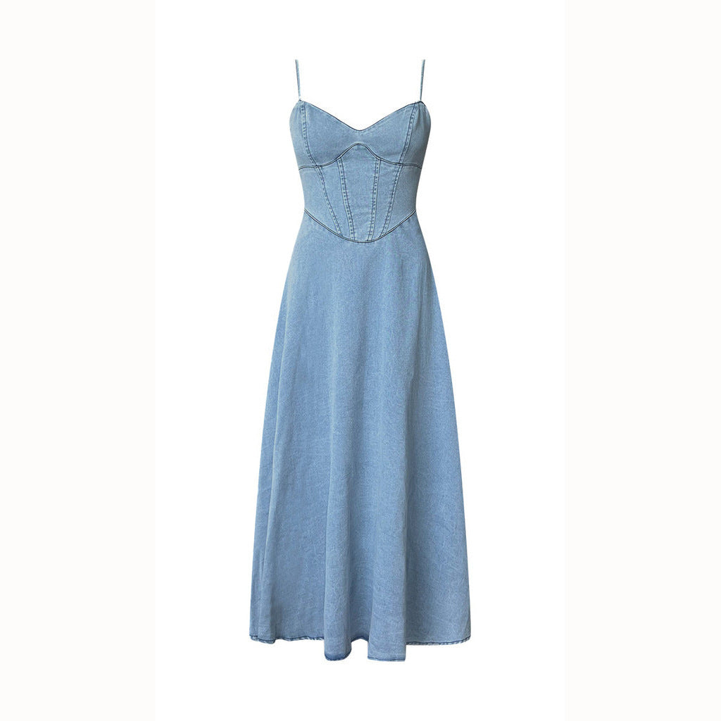 Damen Maxikleid im Denim-Stil mit tailliertem Schnitt und Spaghetti-Trägern R&B