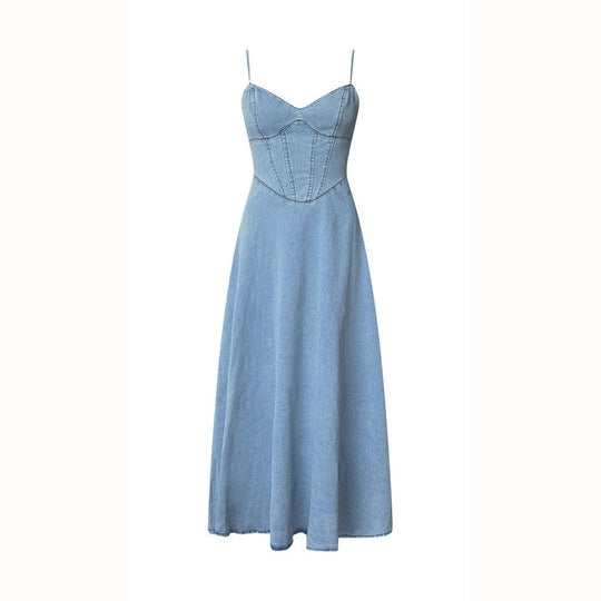 Damen Maxikleid im Denim-Stil mit tailliertem Schnitt und Spaghetti-Trägern R&B