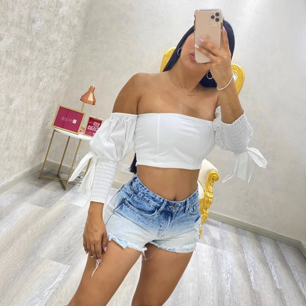 Damen Crop Top mit Puffärmeln und elastischen Details R&B
