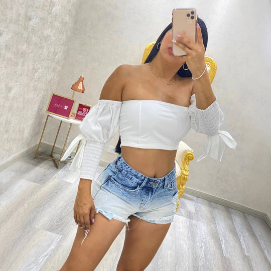 Damen Crop Top mit Puffärmeln und elastischen Details R&B