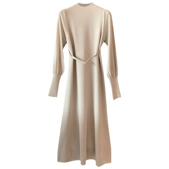 Damen Elegantes Knielanges Kleid mit Gürtel und Langarm R&B
