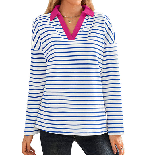 Damen gestreiftes Polo-Shirt mit V-Ausschnitt und kontrastierendem Kragen R&B