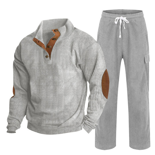 Herren nan Strick-Freizeitset mit Knopfleiste und Ellenbogenaufnähern sowie Cord-Cargohose R&B