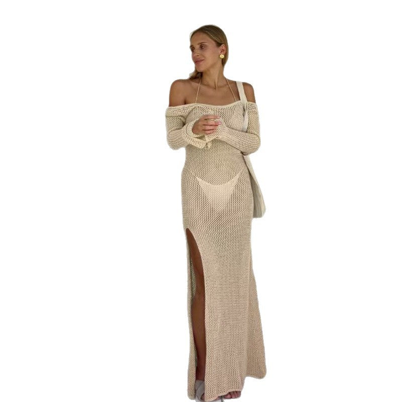 Damen Häkel-Maxikleid mit offener Schulterpartie und seitlichem Schlitz EB