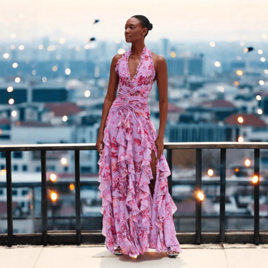 Damen Romantisches Maxi-Party Kleid mit voluminösen Rüschendetails EB