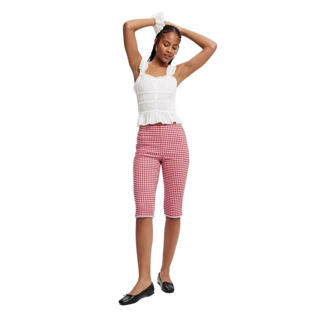 Damen luftiges Rüschentop mit Spitzenakzenten und karierter Hose R&B