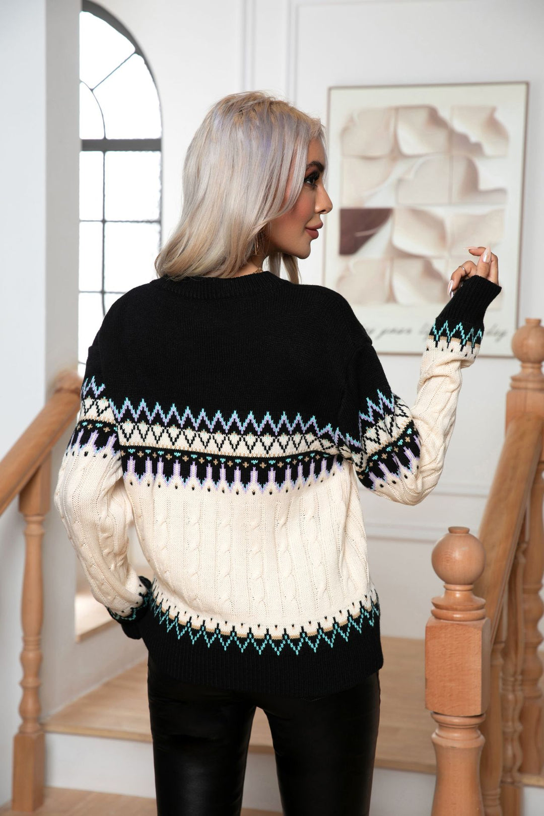 Damen Strickpullover mit Nordic-Muster und hohem Kragen R&B