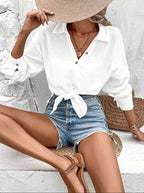 Damen Knopfleisten-Blusenshirt mit modischer Taillenbindung und Langarm R&B