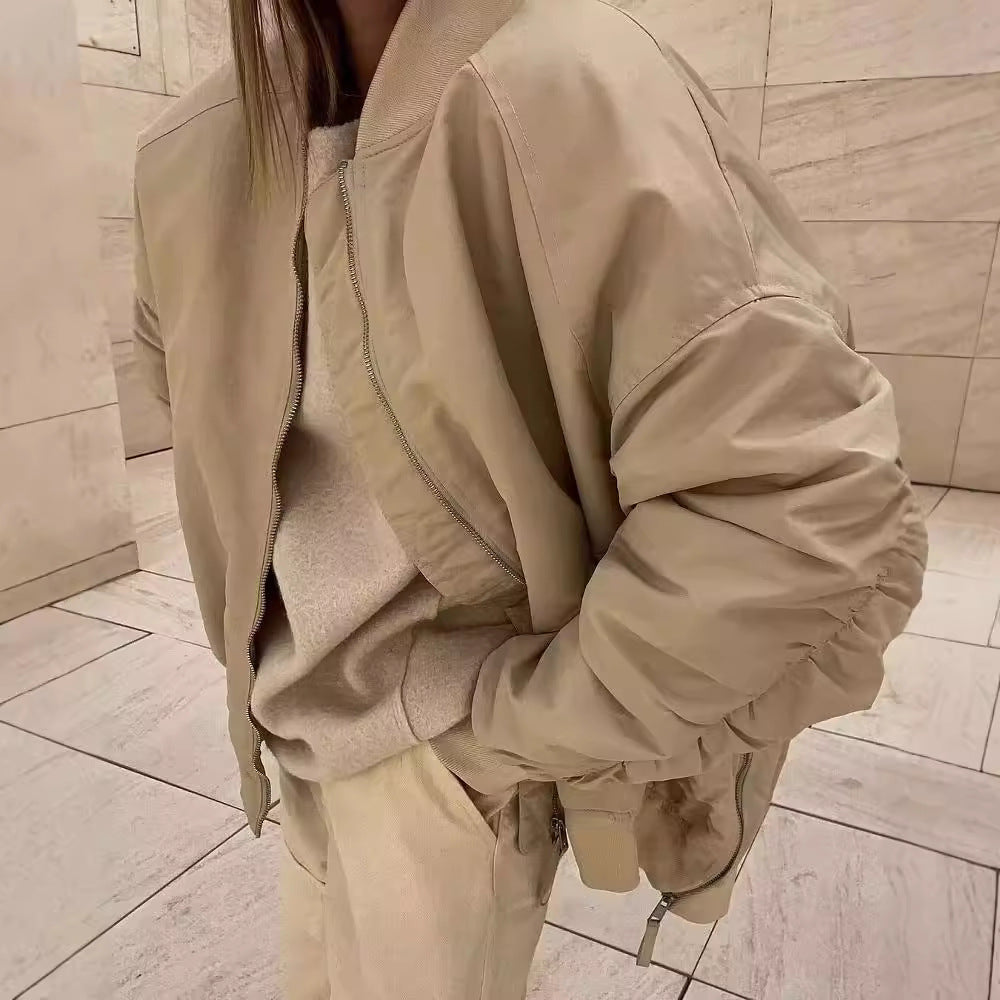 Damen lässige Oversized-Bomberjacke mit praktischen seitlichen Eingrifftaschen und Stehkragen R&B