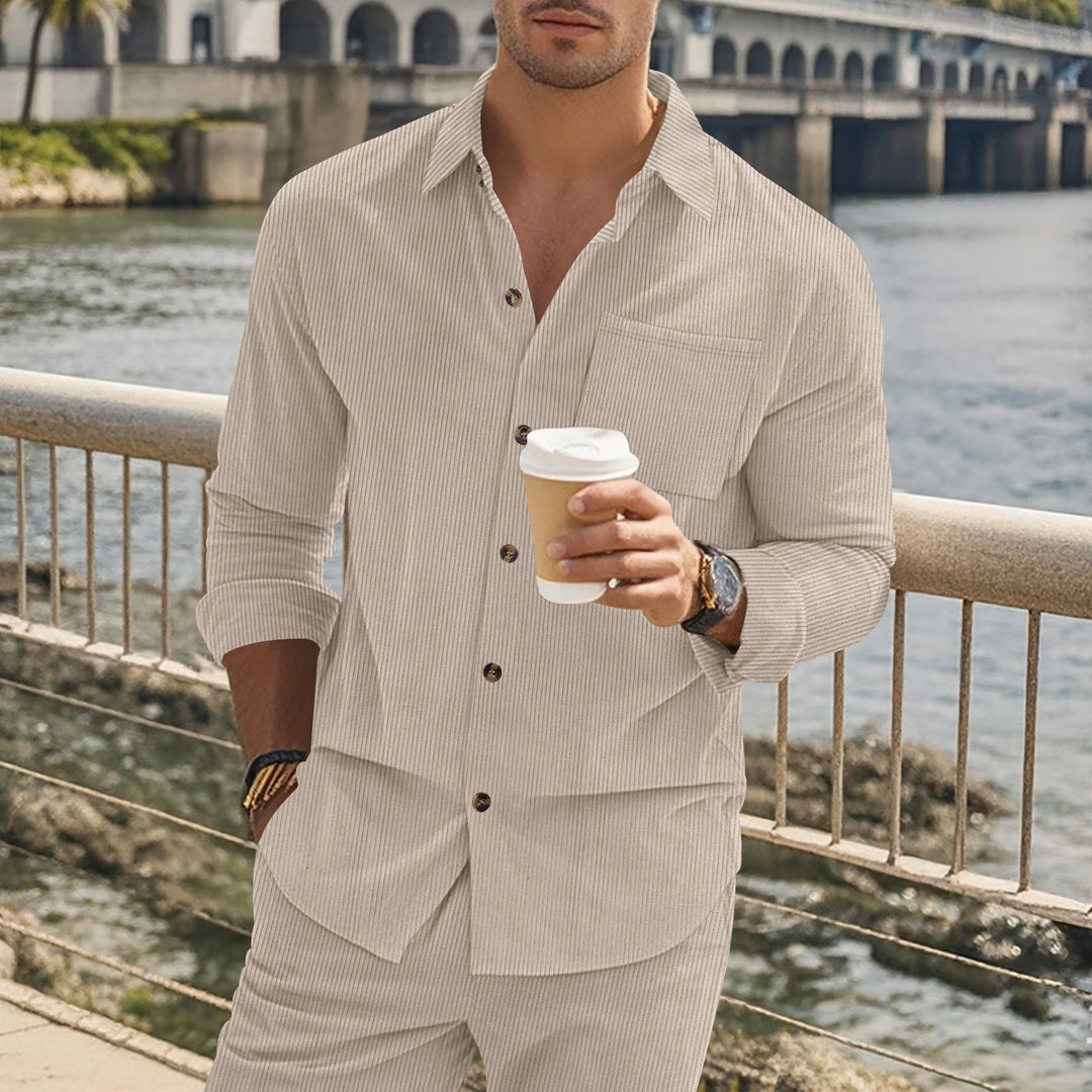 Herren gestreiftes Langarmshirt mit modischem Stehkragen und praktischer Brusttasche R&B
