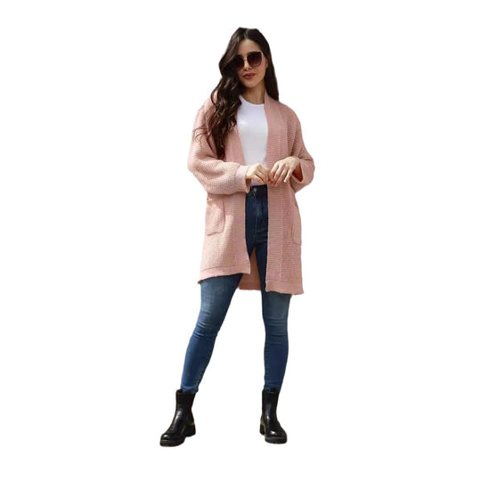Damen lässiger Strickcardigan mit offenen Taschen und modernem Waffelmuster R&B