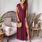 Damen Elegantes Maxikleid mit V-Ausschnitt und hohem Beinschlitz R&B