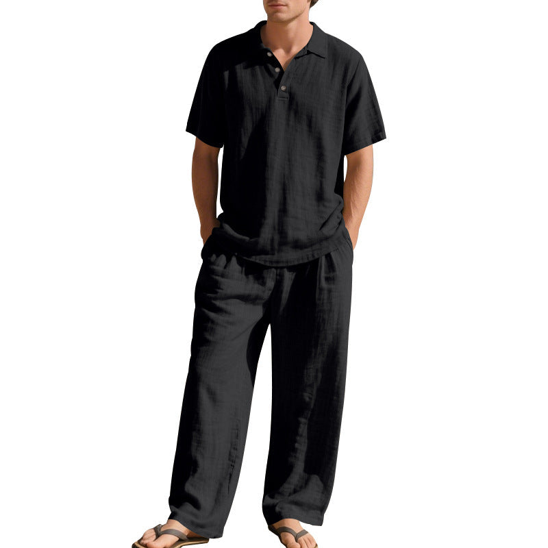 Herren nan luftiges Leinen-Ensemble mit Polokragen und regulierbarer Bundhose R&B