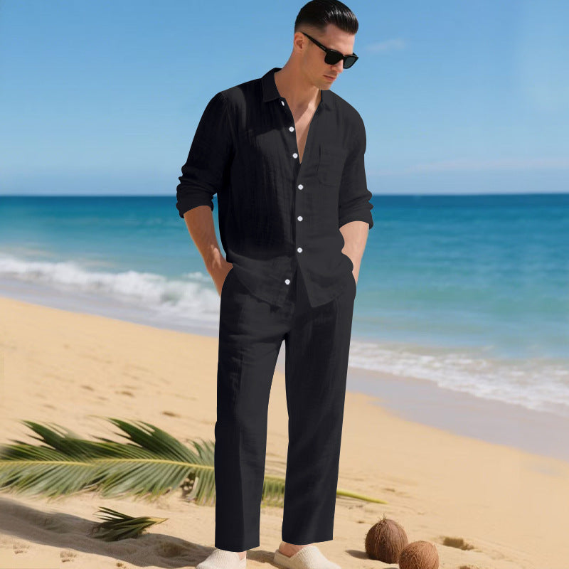 Herren leichtes Leinen-Outfit mit stilvollem Hemd und eleganter Hose R&B