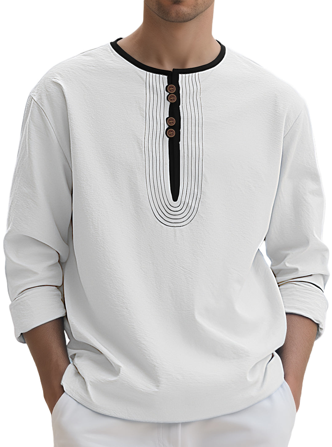 Herren nan weit geschnittenes Langarm-Kurta-Oberteil mit dekorativen Biesen und Holzknopfleiste R&B