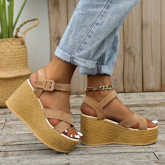 Damen Keil-Sandalen mit modischem Überkreuzriemen und rutschfester Sohle R&B