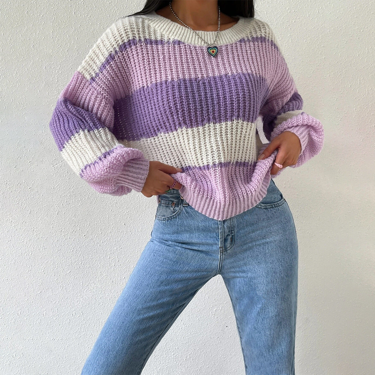 R&B | Pullover Pullover Grobstrick Übergröße Fit Langarm Freizeit Crew Neck