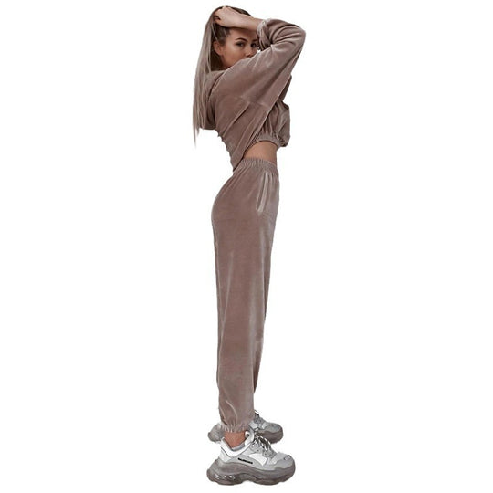 Damen lässiges Velours Set mit cropped Hoodie und bequemer Jogginghose R&B