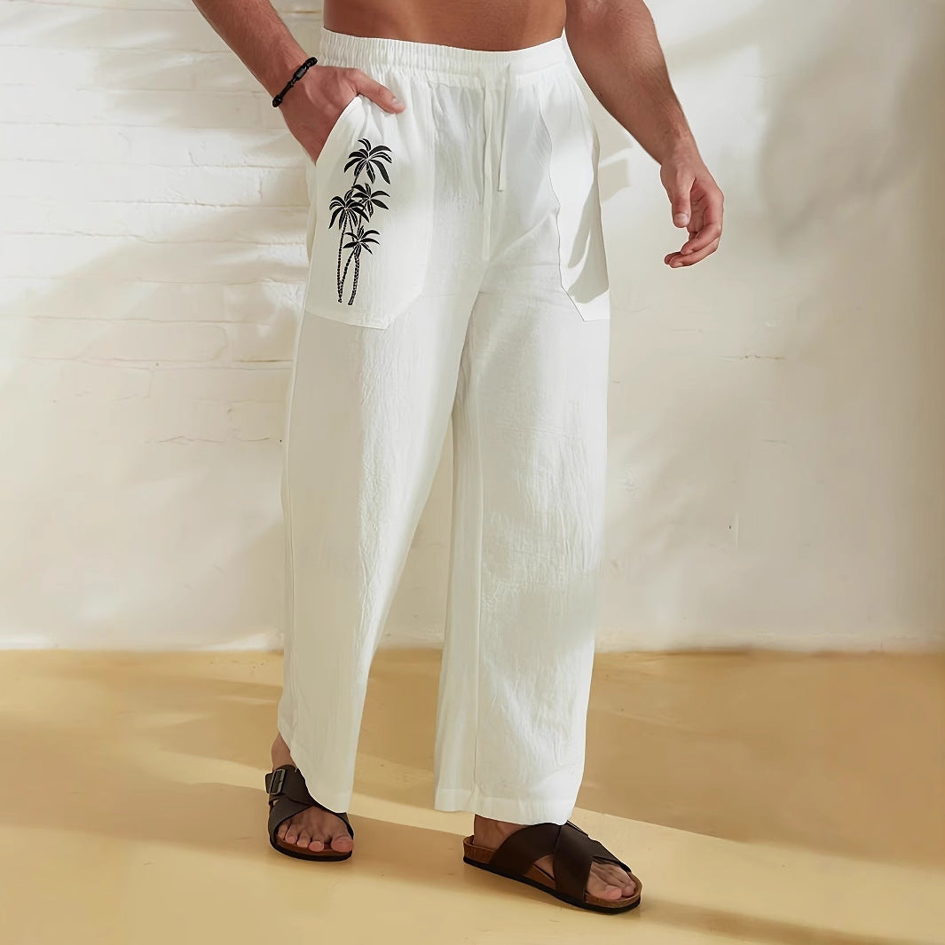 Herren lässige Leinen-Relax-Hose mit palmenmotivierten Taschen