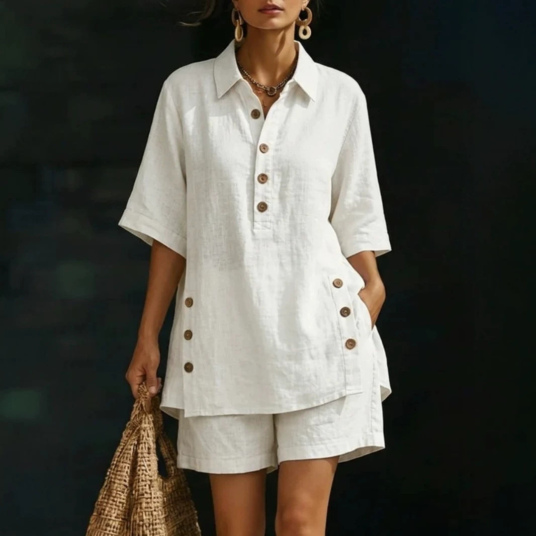 Damen nan luftiges Leinenoptik-Zweiteiler mit Oversize-Hemdbluse, Knopfleiste und Bermuda-Shorts R&B