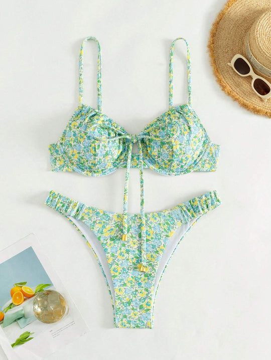 Damen Floral Bikini mit hochwertigen Rüschen und verstellbaren Trägern R&B