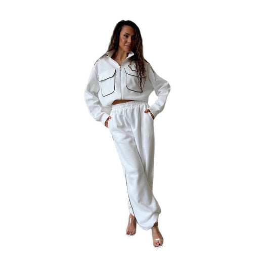 Damen sportliches Fleece-Set mit modischen Kontrasten und praktischen Taschen R&B