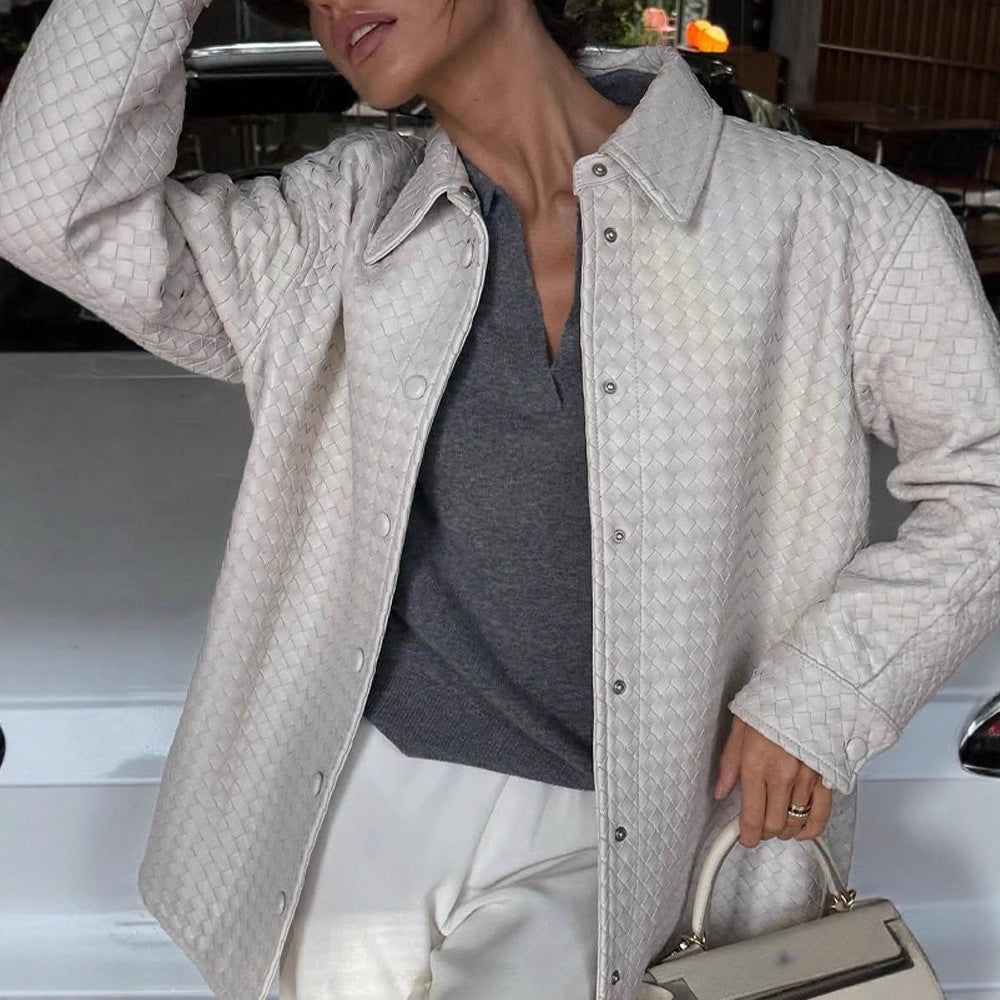 Damen lässige Kunstleder-Jacke mit geflochtenem Design und praktischen Druckknöpfen R&B