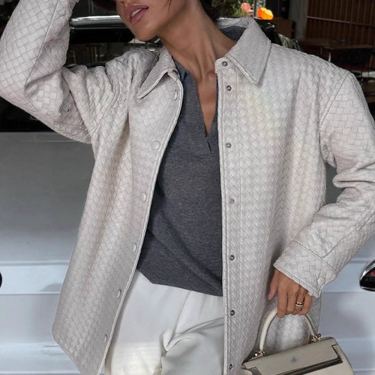 Damen lässige Kunstleder-Jacke mit geflochtenem Design und praktischen Druckknöpfen R&B