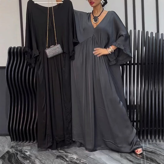 Damen nan Satinoptik Kaftan-Maxikleid mit V-Ausschnitt, geraffter Empirenaht und Volantsärmeln R&B