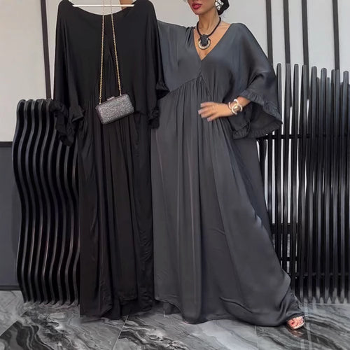 Damen nan Satinoptik Kaftan-Maxikleid mit V-Ausschnitt, geraffter Empirenaht und Volantsärmeln R&B