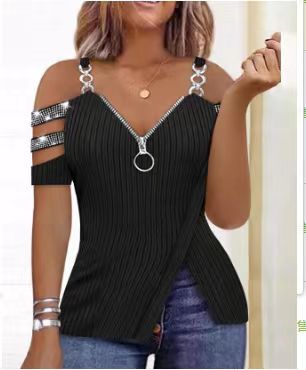 Damen Trendy Off-Shoulder Top mit Reißverschluss und Designer-Riemen R&B