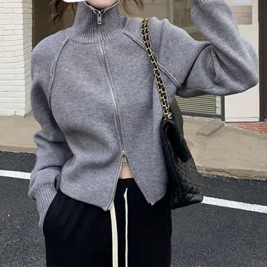 Damen Strickjacke mit hochwertigem Reißverschluss und Stehkragen R&B
