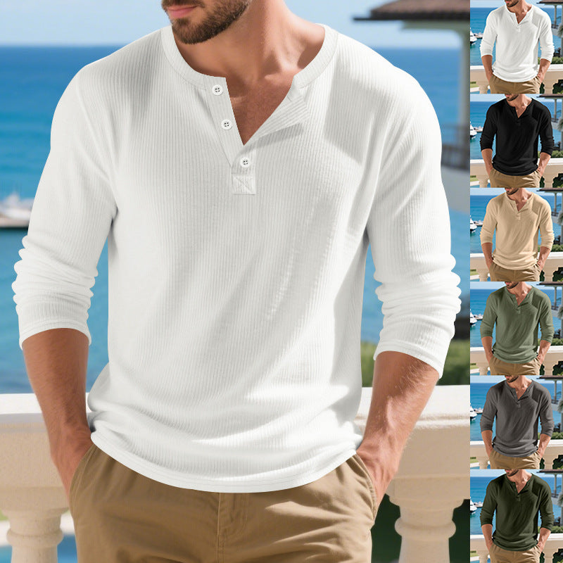 Herren Langarm-Hemd mit strukturiertem Rippenmuster und modischen Knopfdetails R&B