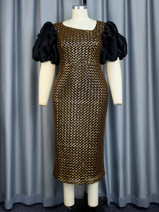 Damen Abendkleid mit strukturiertem Oberteil und voluminösen Puffärmeln R&B