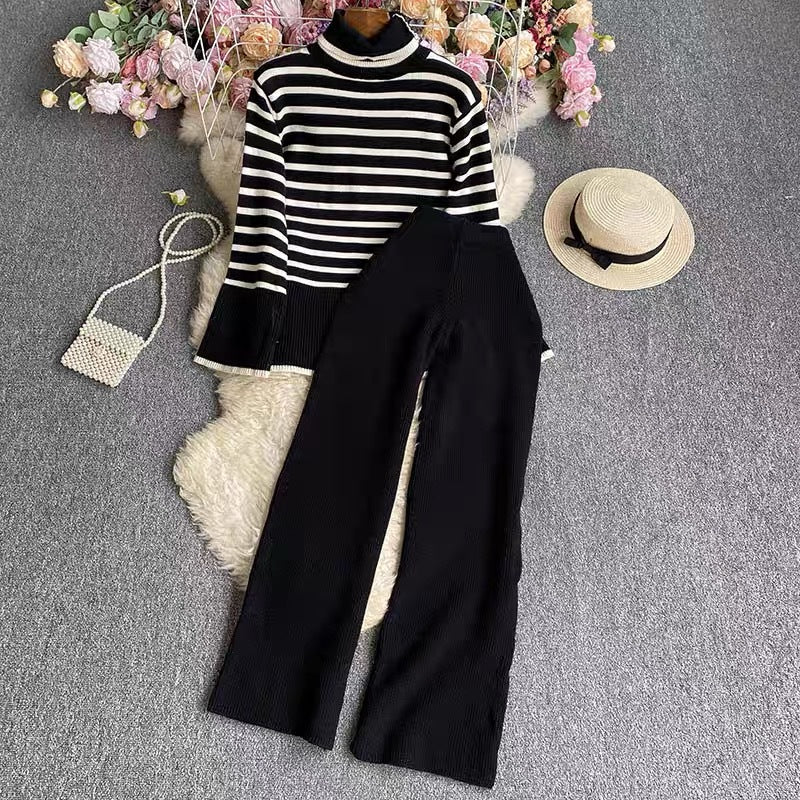 Damen elegantes gestreiftes Strickensemble mit hohem Kragen und weitem Bein R&B