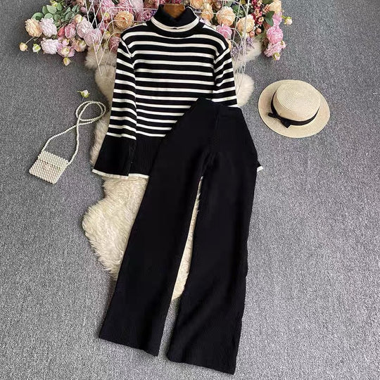 Damen elegantes gestreiftes Strickensemble mit hohem Kragen und weitem Bein R&B