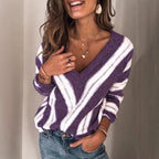 Damen nan gestrickter V-Ausschnitt Pullover mit diagonalen Streifen und lässiger Oversize-Passform R&B