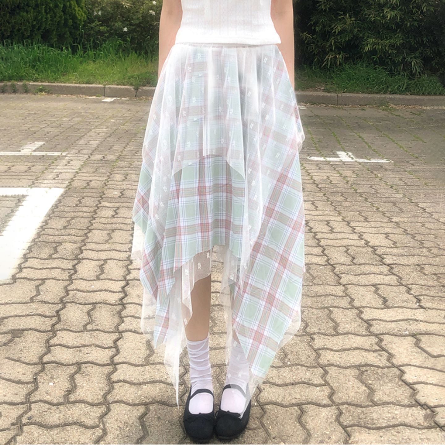 Damen Asymmetrischer Plissee-Rock mit transparentem Chiffonüberwurf und kariertem Design R&B