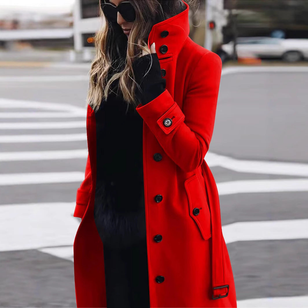 Damen modischer Trenchcoat mit hohem Kragen und eleganten Knopfdetails R&B