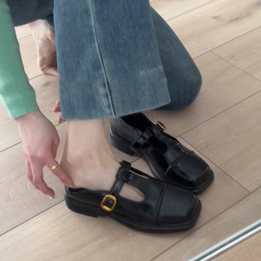 Damen elegante T-Strap Ballerinas mit modischer Schnallenverzierung R&B