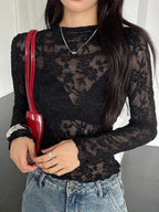 Damen nan eng anliegendes Spitzen-Langarmshirt mit floraler Ajour-Spitze, leicht transparent und Stehkragen R&B