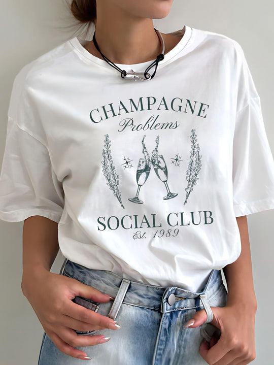 Damen T-Shirt mit kreativem Grafikdruck und luxuriösen Paillettenakzenten R&B