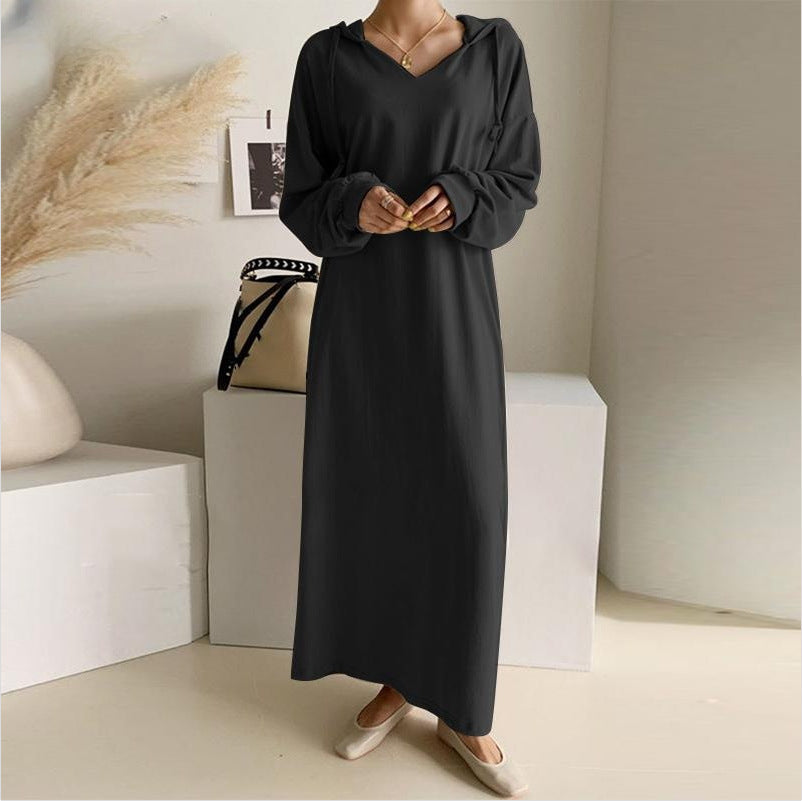 Damen nan lässiges Kapuzen-Maxikleid mit V-Ausschnitt, langen Ärmeln, lockerem geradem Schnitt und elastischen Bündchen R&B