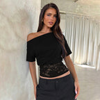 Damen Off-Shoulder Bluse mit Spitzenbund R&B